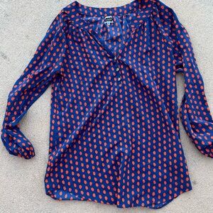 Mud Pie Navy and Orange Polka Dot Satin Blouse Size Medium